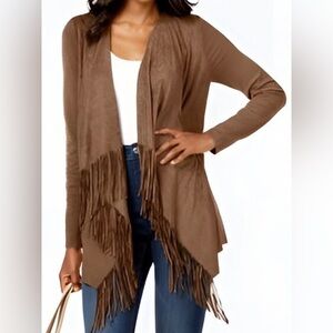 INTERNATIONAL CONCEPT Small Brown Suede Sweater Cardigan Bohemian Fringe Western
